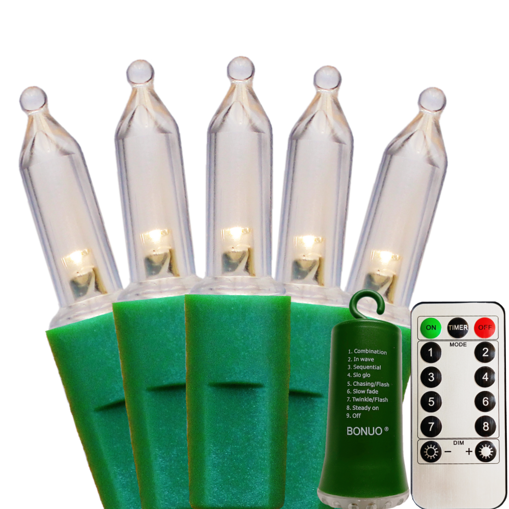 100 Bulbs Warm White Mini LED Christmas Lights Battery Operated with Remote Timer 8 Lighting Modes, Green Wire