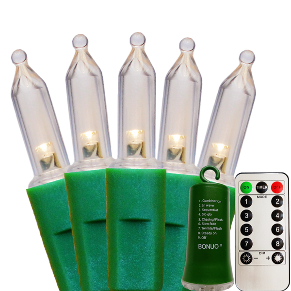 100 Bulbs Warm White Mini LED Christmas Lights Battery Operated with Remote Timer 8 Lighting Modes, Green Wire