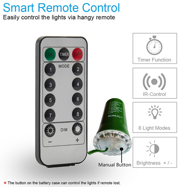 50 Bulbs Warm White G12 Christmas Lights Battery Operated with Remote Timer 8 Lighting Modes, Green Wire