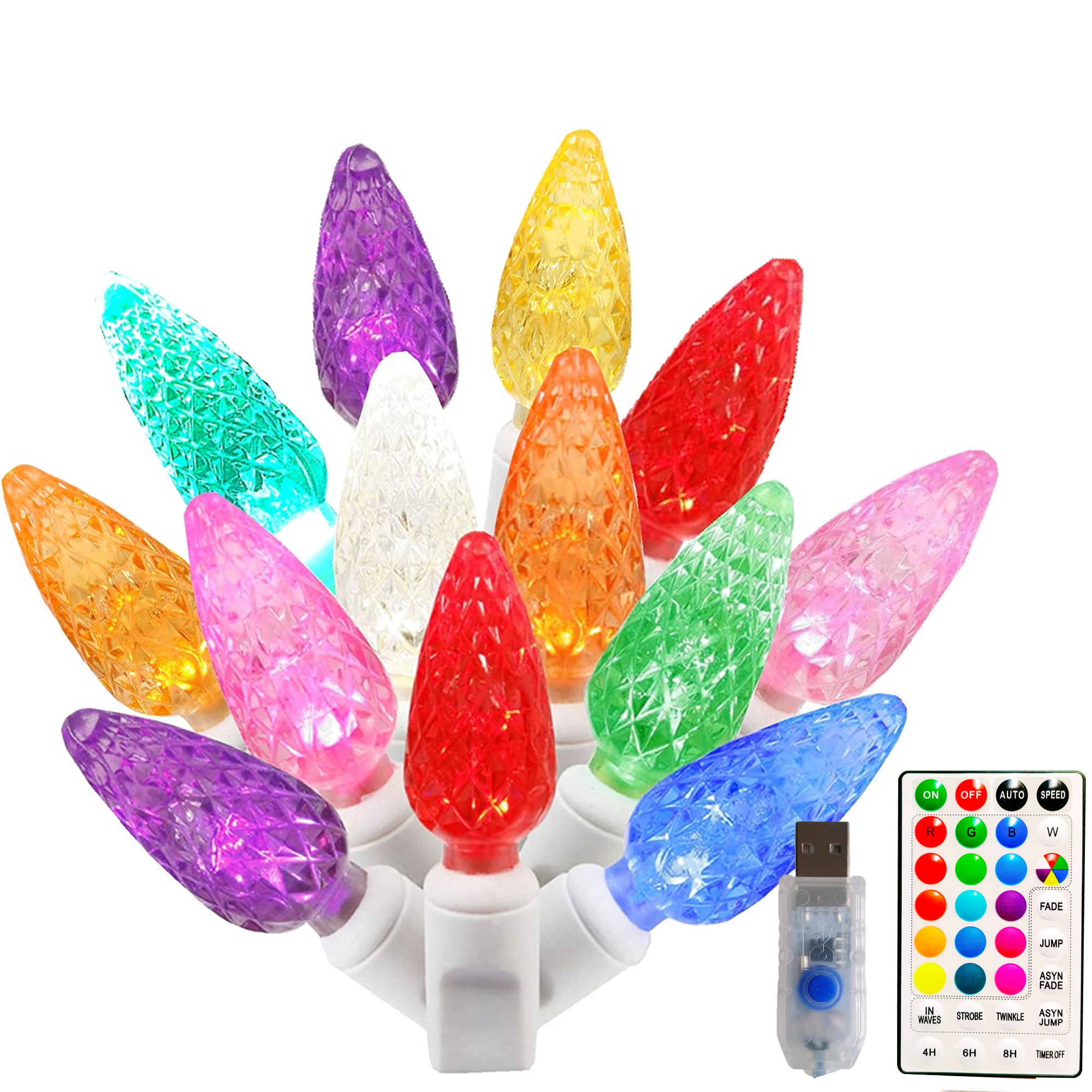 50 LED RGB Color Changing C6 Christmas Lights USB Plug-in on White Wire