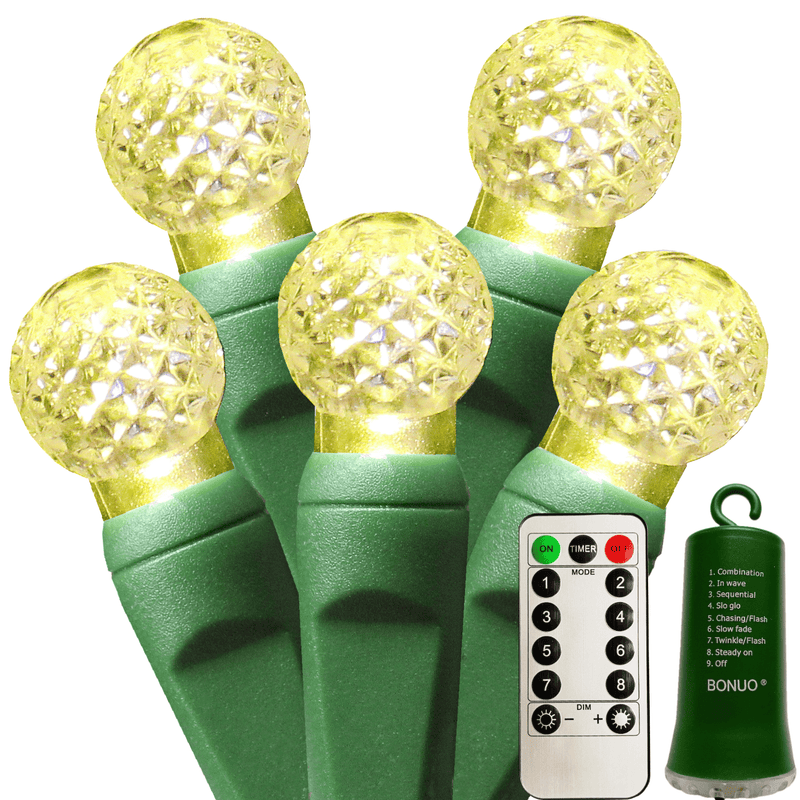 50 Bulbs Warm White G12 Christmas Lights Battery Operated with Remote Timer 8 Lighting Modes, Green Wire